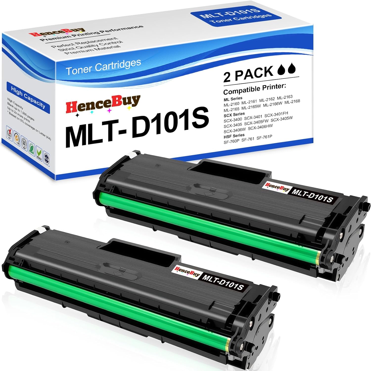 Compatible MLT-D101S Toner Cartridge Replacement for Samsung 101S MLTD101S to Work with SF-760P ML-2160 ML-2165 ML-2165W SCX-3400 SCX-3400F SCX-3400FW SCX 3405 3405FW Printer (2 Pack)
