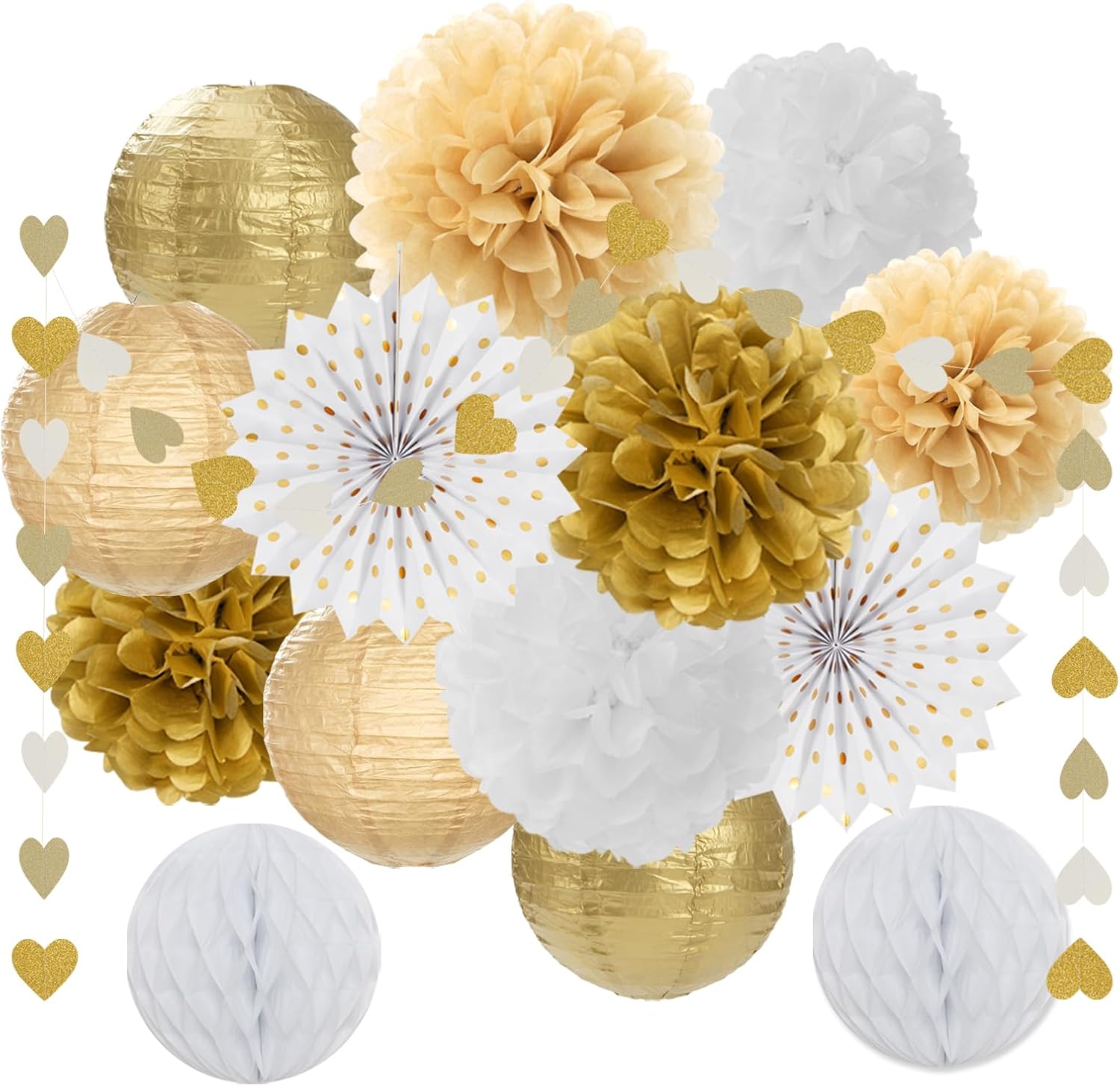 52Ft White-Gold Champagne Party-Decorations Heart Streamers Garland with 14pcs Christmas Wedding Engagement Paper Lanterns Fan,Tissue Pom Poms,Honeycomb Balls