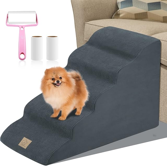 5-Step Dog Stairs, Extra Large Pet Steps for High Bed Pet Ramp Ladder with Washable Plush Cover & High Density Foam for Small Dogs and Cats, Send Sticky Lint Roller Set, Grey