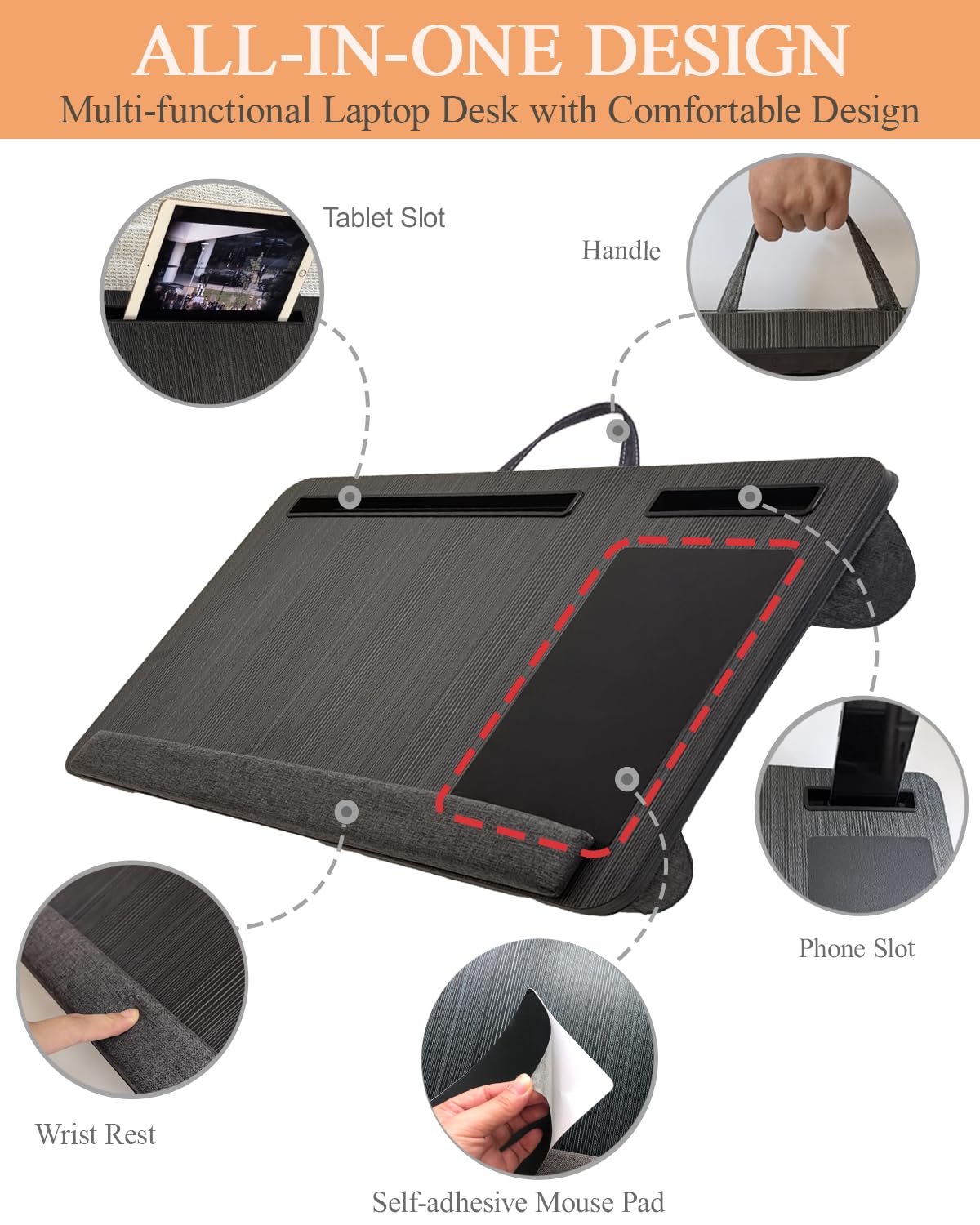 Laptopunterlage 55x34cm für Heim Bett Sofa mit Knietablett mit Kissen,Handgelenkauflage Handyhalter, Laptop Kissen für max 17.3” Notebook, mit mini-klappbarem Gerätehalterr (Schwarz)