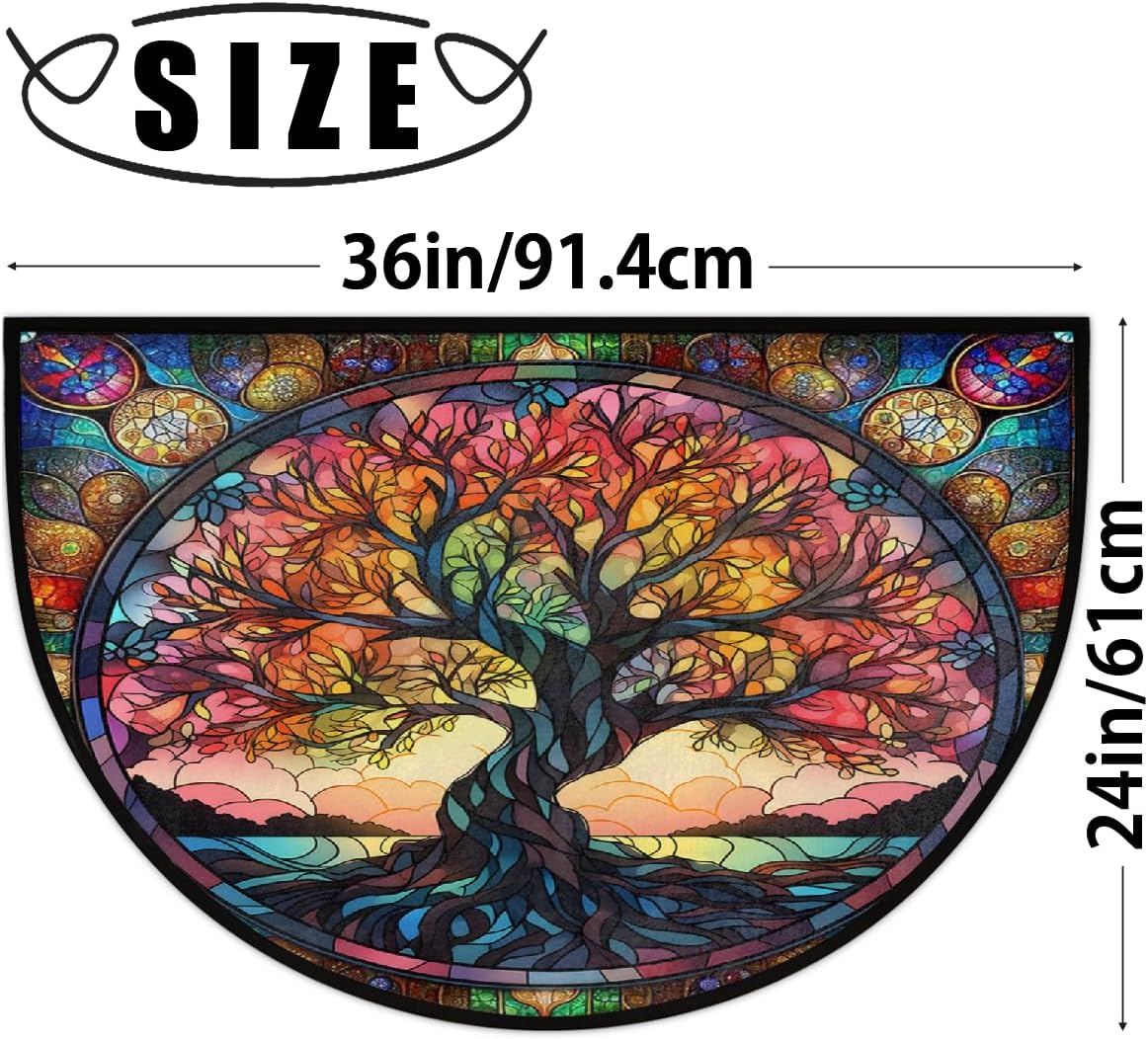 Half Round Door Mat Tree Of Life Color Glass Half Moon Rug Washable Tree Of Life Art Half Circle Area Rugs Indoor Entrance Non Slip Semi Circle Bathroom Rugs for Kithen Bedroom Fireplace Decor