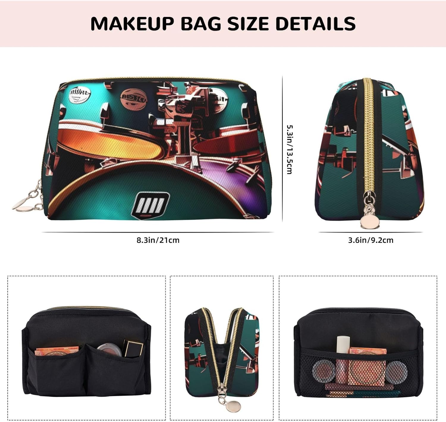 PU Leather Makeup Bag Large Capacity Portable Travel Cosmetic Bags Organizer Waterproof Toiletry Bags Flat Open Make up Pouch Cool Drum Set Bathroom Bag for Women Gifts image 4