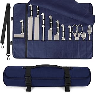 lelezone Knife Roll, Waterproof Waxed Canvas Knife Case Holds Size Up to 18'', Chef Knife Bag with 11 Slots Plus Zipper Pocket, Portable Knife Holder with Adjustable Strap for Kitchen Tools (Blue)