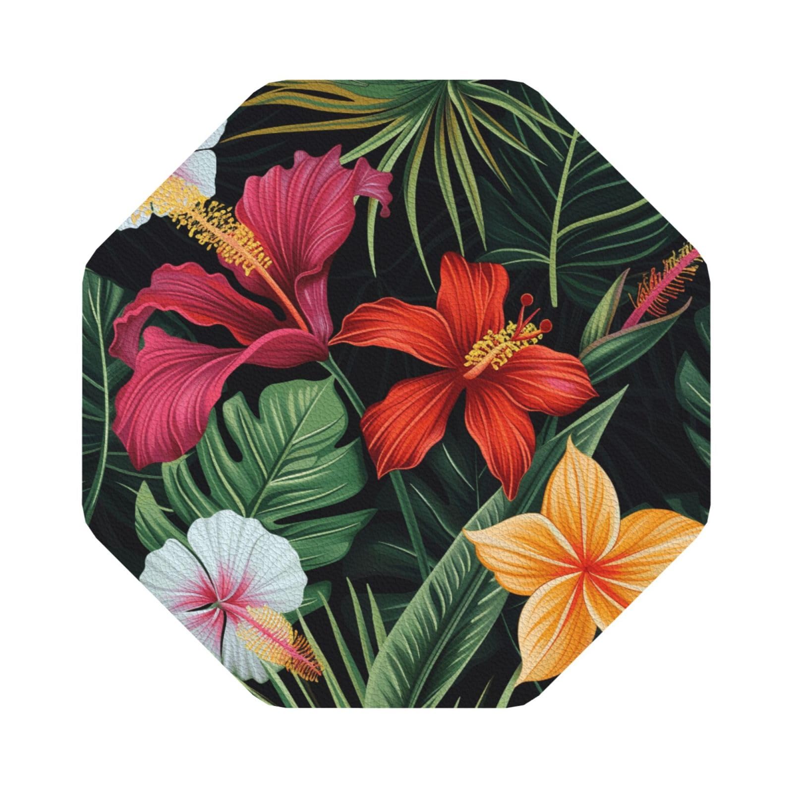 Tropical Flower Print Leather Coaster Set of 6, Octagon Coasters Table Decorative Coffee Cup Beverage Coasters Wine Beer Bar Coasters for Hot Drinks Table Protection