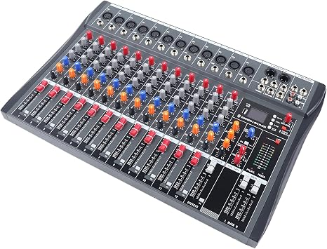 Audio Mixer, 12 Channel Professional Audio Mixer Sound Mixing Console, 3-Band Equalization Regulate DJ Mixers Bluetooth USB Sound Mixer Board for Live KTV DJ Studio XLR +48V