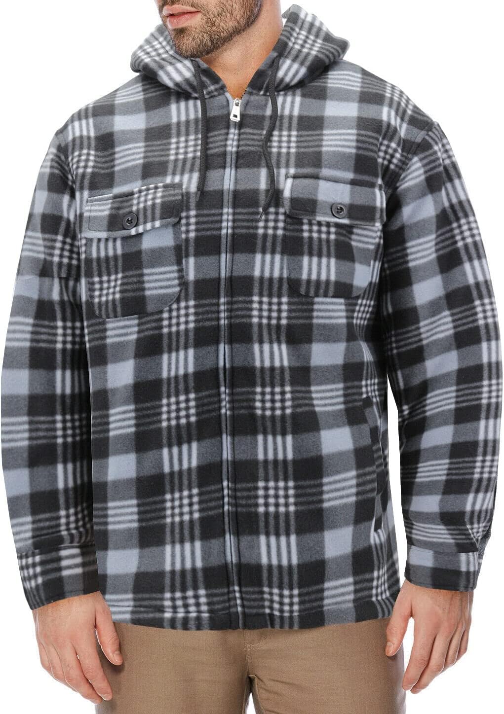 vkwear Men's Heavyweight Flannel Fleece Lined Plaid Sherpa Hoodie Jacket