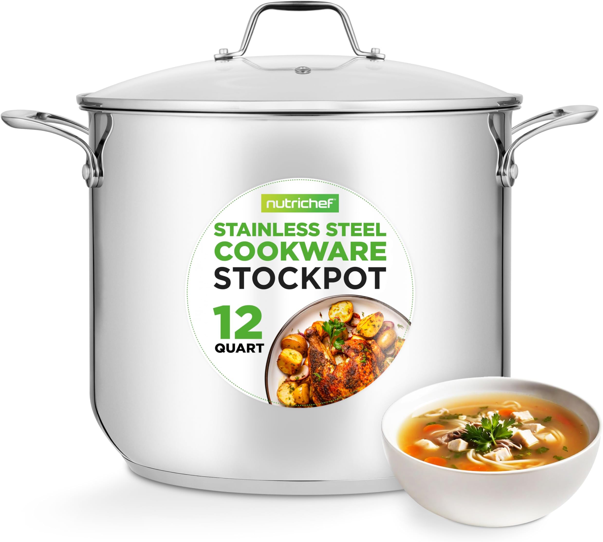 NutriChef 12-Quart Stainless Steel Stock Pot - 18/8 Food Grade Stainless Steel Heavy Duty Induction - Large Stockpot for Stews, Simmering & Soups with See Through Lid, Dishwasher Safe - NCSP12
