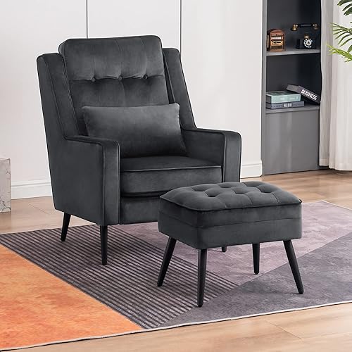 Miniatura 2 de MCombo Silla decorativa de terciopelo con otomana, sillón moderno para espacios pequeños, sala de estar, recepción de oficina, tela 4278 (gris