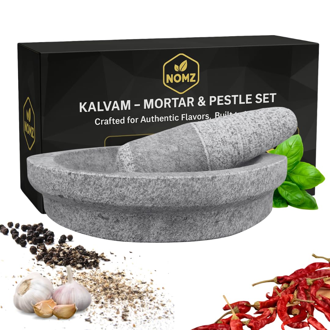 NOMZ Stone Mortar and Pestle Set (Kalvam) 10 Inch Boat Shape, 4.8 Kg, 2 Cup | Handmade Silbatta for Chutney and Masala | Heavy Duty Khalbatta with Anti-Skid Base
