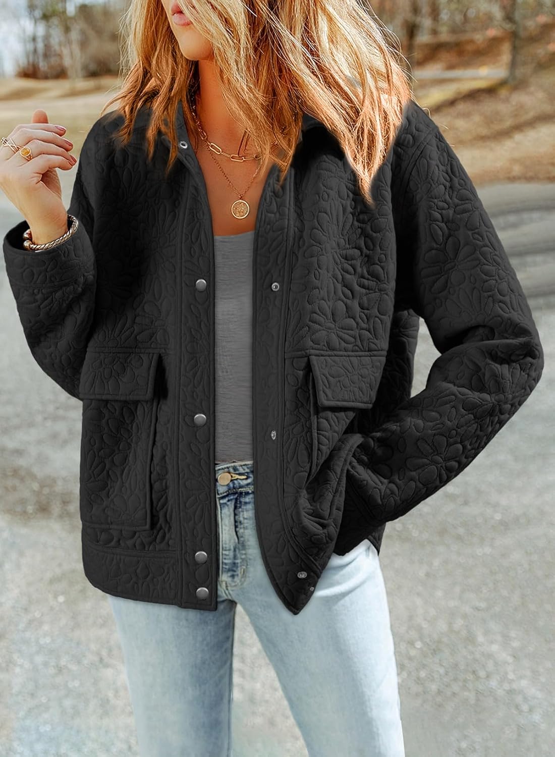 Dokotoo Jackets for Women Casual Long Sleeve Collared Jacquard Coats Trendy Button Down Shacket Jacket with Pockets - Image 3