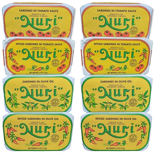 NURI - Paquete variado de sardinas portuguesas  Paquete de 8 cajas de regalo por Seafood Aficionado  Dos de cada uno  Aceite de oliva puro, aceite