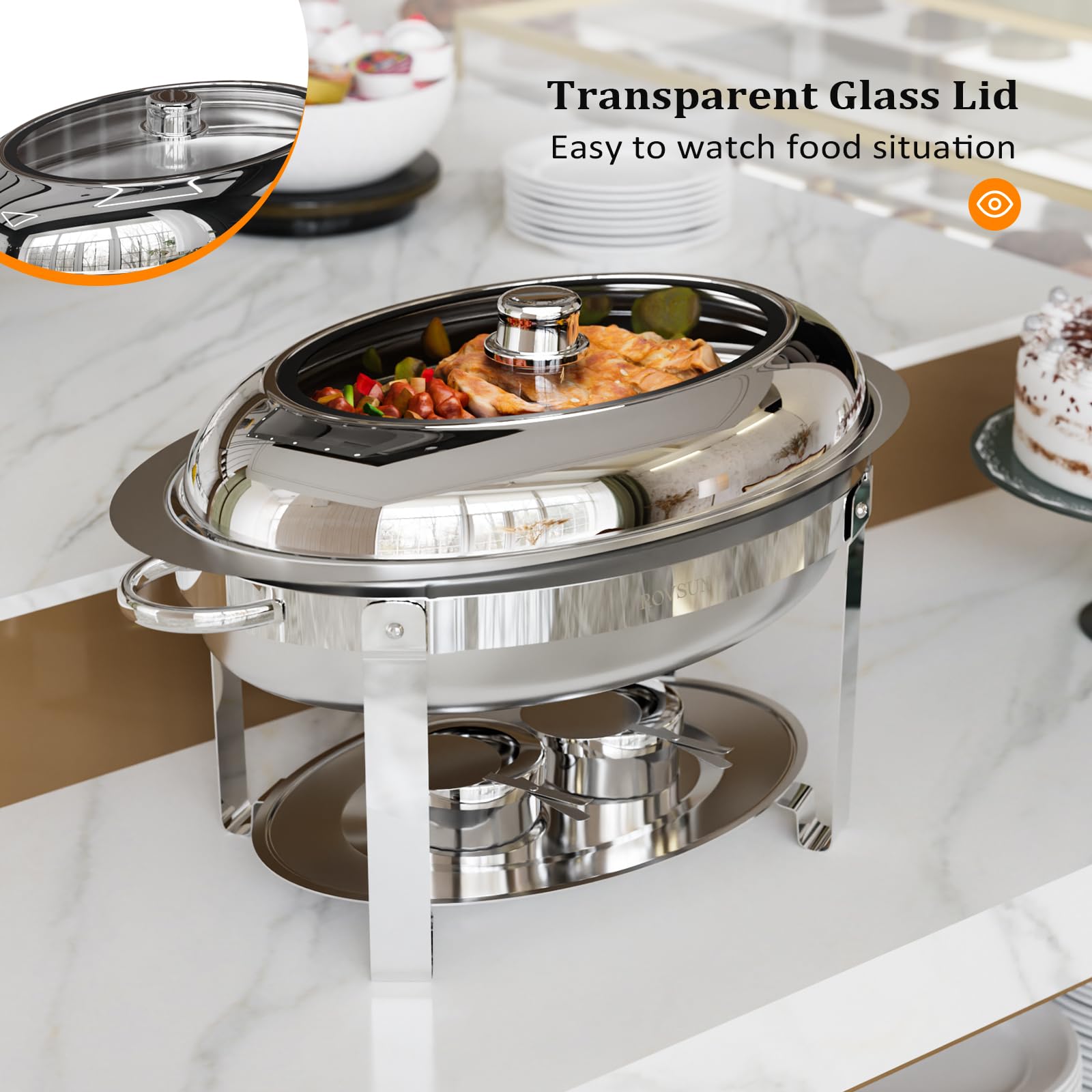 ROVSUN Juego de 2 platos ovalados para buffet, juego de platos de acero inoxidable de 6 cuartos de galón con tapa de cristal, chafers y calentadores de buffet para fiestas, catering, bodas, banquetes,