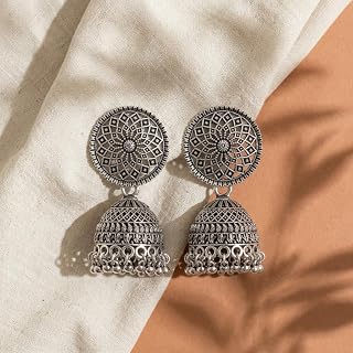 Oxidised Tone Meenakari Stud Earrings with Bird Motif and Ghungroo Drops, Traditional Indian Style Jhumka Earrings, Mandal... Price In India