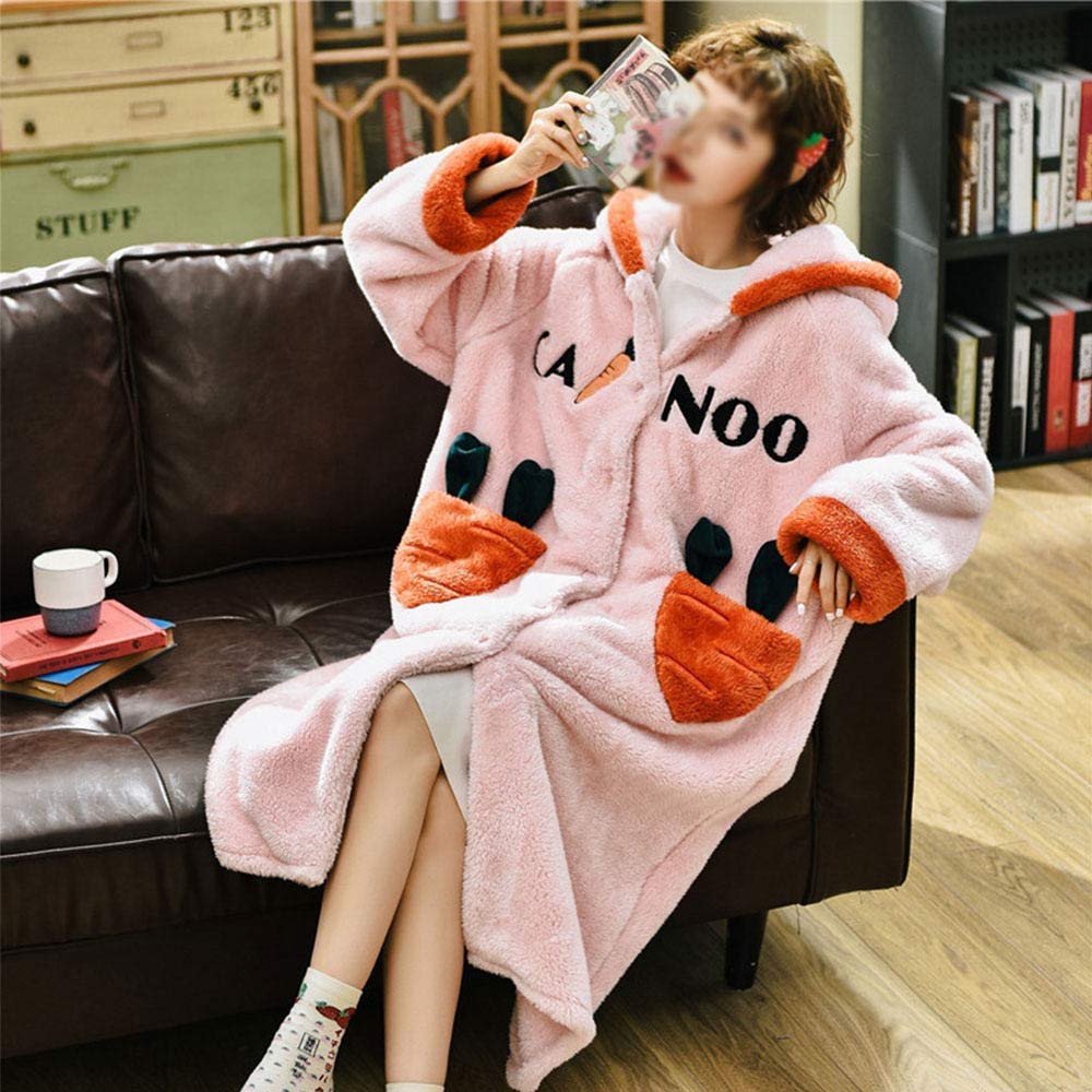 Accappatoio Invernale da Donna, Accappatoio in Flanella con Cappuccio Pigiama in Pile di Corallo Abito Femminile Caldo e Spesso Completo Lungo, Coniglietto-XL