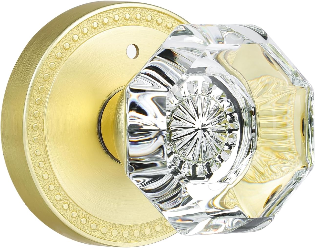 Glass Door Knobs Interior Privacy Antique Brass Door Knob with Lock for Bedroom and Bathroom Crystal Door Knob Retro Octagon Style, 1 Pack