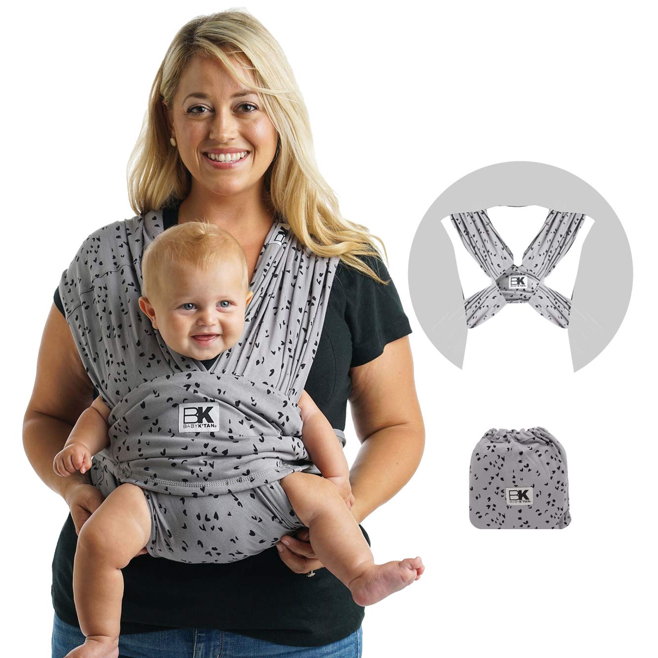 Baby Kââ‚¬â„¢tan Print Baby Wrap Carrier, Infant and Child Sling - Simple PreWrapped Holder for Babywearing - No Tying or Rings- Carry Newborn up to 35 lbs, Sweetheart Grey, S (W Dress 6-8 / M Jacke