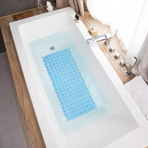 Miniatura 7 de Tapete de baño antideslizante para bañera y ducha, 35 x 16 pulgadas, lavable a máquina, con orificios de drenaje, ventosas para baño (azul