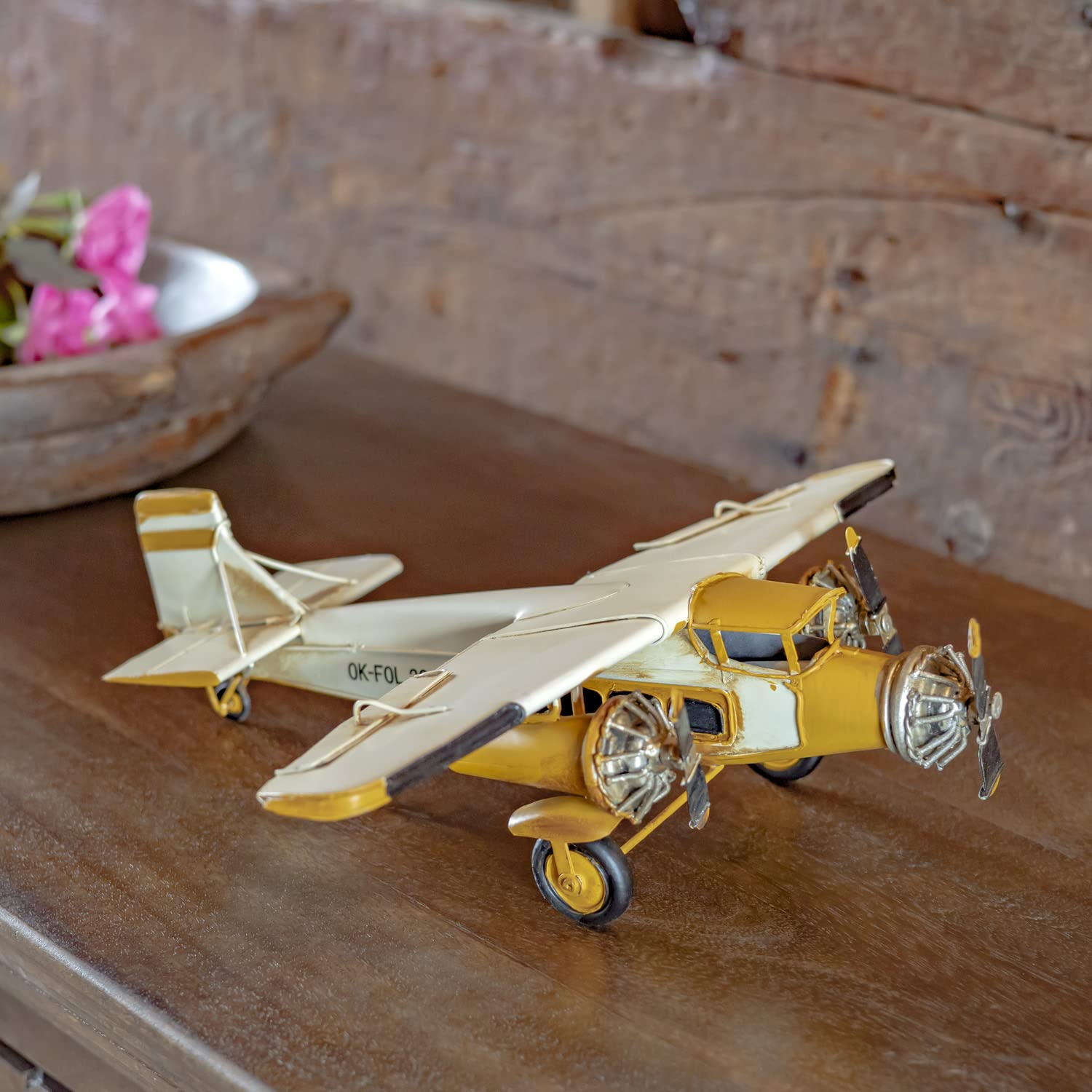 Zaer Ltd. International Vintage Style Metal Airplane Decorations (Yellow 3-Propeller Plane)