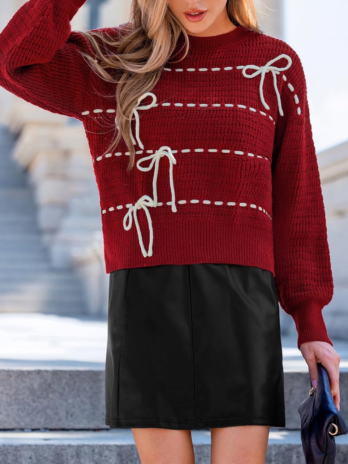 CUPSHE Women’s Knit Sweater Crew Neck Long Sleeve Pullover Contrast Stitching Bow Tie Fall Winter Casual - Image 7