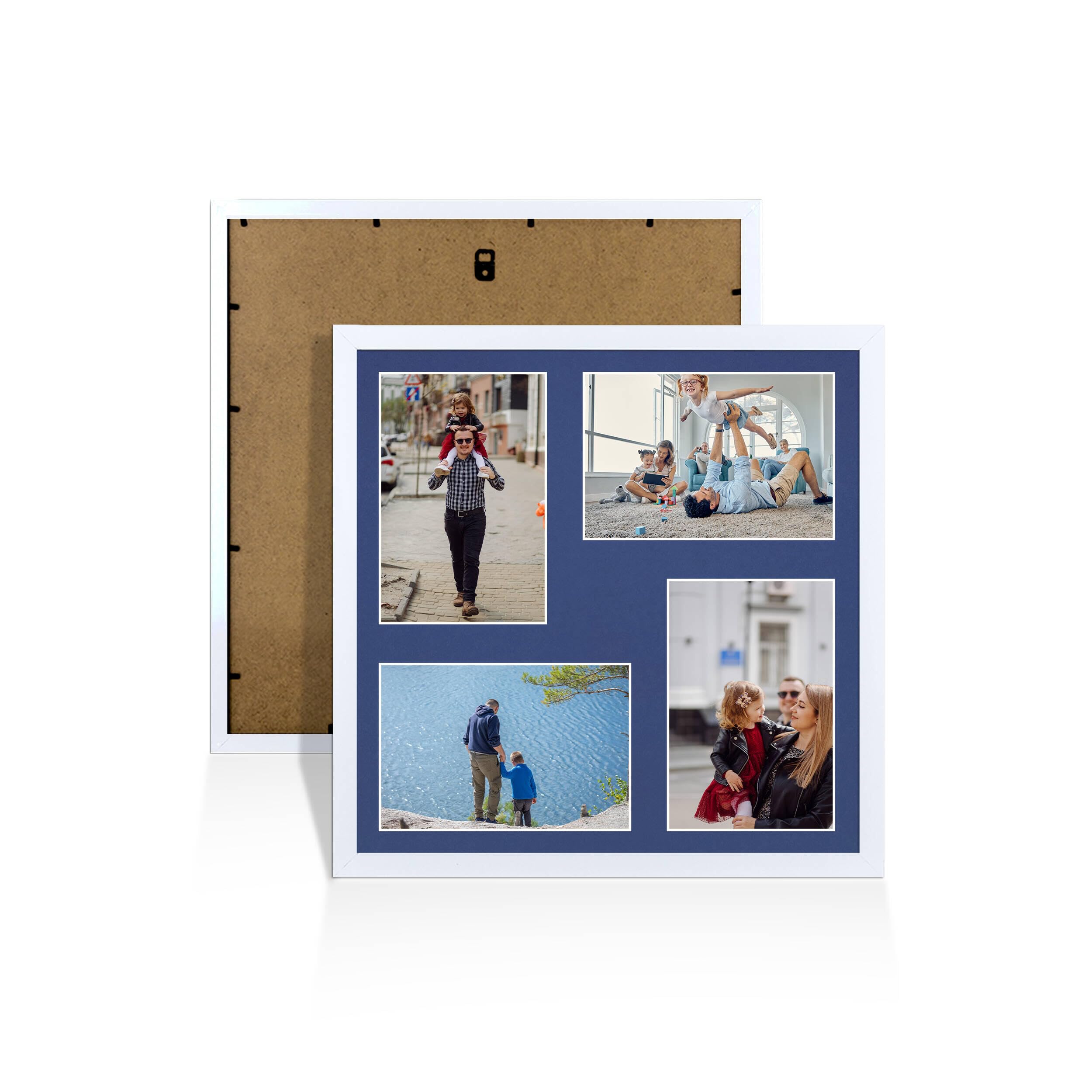 Alison Kingsgate White 12x12 Photo frames for multiple pictures - Collage Frame for 4 Pictures with Blue Mount - Holds (4x) 6x4 Photos - Engineered Wood & Perspex โ image 1