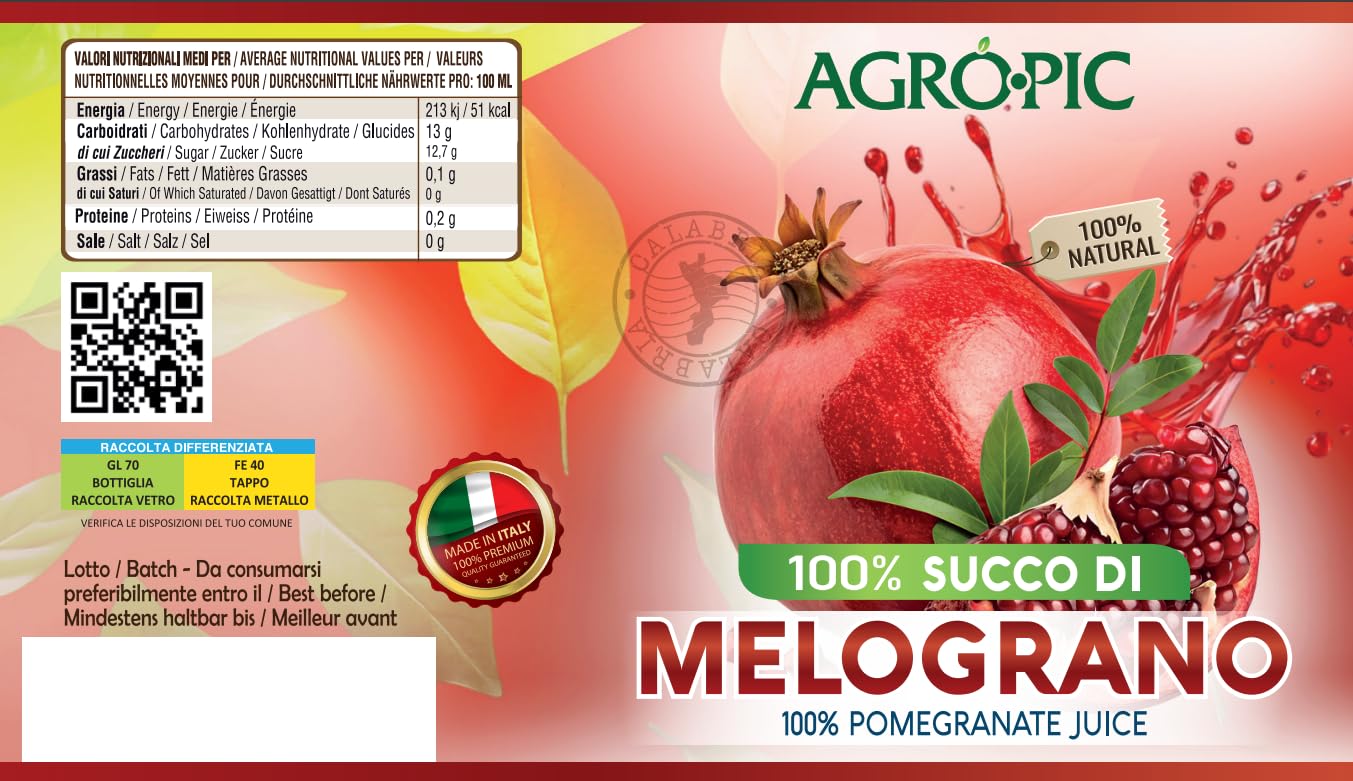 Agropic Succo di Melograno 100%, 12 bottiglie da 720 ml di puro succo di melograno senza zuccheri aggiunti, senza conservanti, Made in Italy - 5