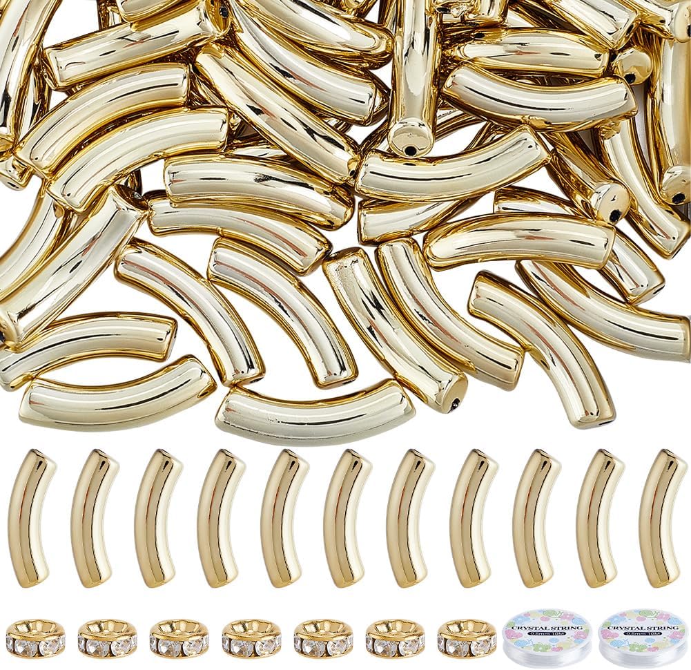 240Pcs Gold Curved Tube Beads Bamboo Beads Tube Acrylic Opaque Noodle Brass Rhinestone with 2 Rolls Thread Spacer Loose Bead Kits for Jewelry Making Bracelets Necklaces Lanyard DIY Crafts