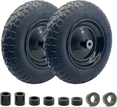2-Pack of 3.50-8 Wheels,14.5" Flat Free Tires,Steel Rim,5/8" or 3/4"Axle Bore Hole,3-6" Centered Hub,13"-16" Universal Fit Tire for Wheelbarrow,Hand Truck,Garden and Utility Carts, Trolleys and More