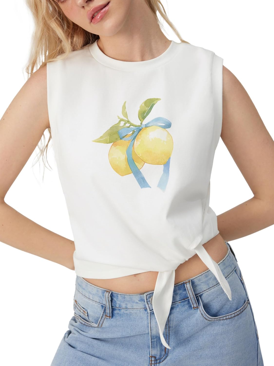 CIDER Women's Sleeveless Tank Tops Loose Fit Tie Front Fruit Print Cute Crew Neck Crop Tops Casual Trendy Summer Outfit - Image 2