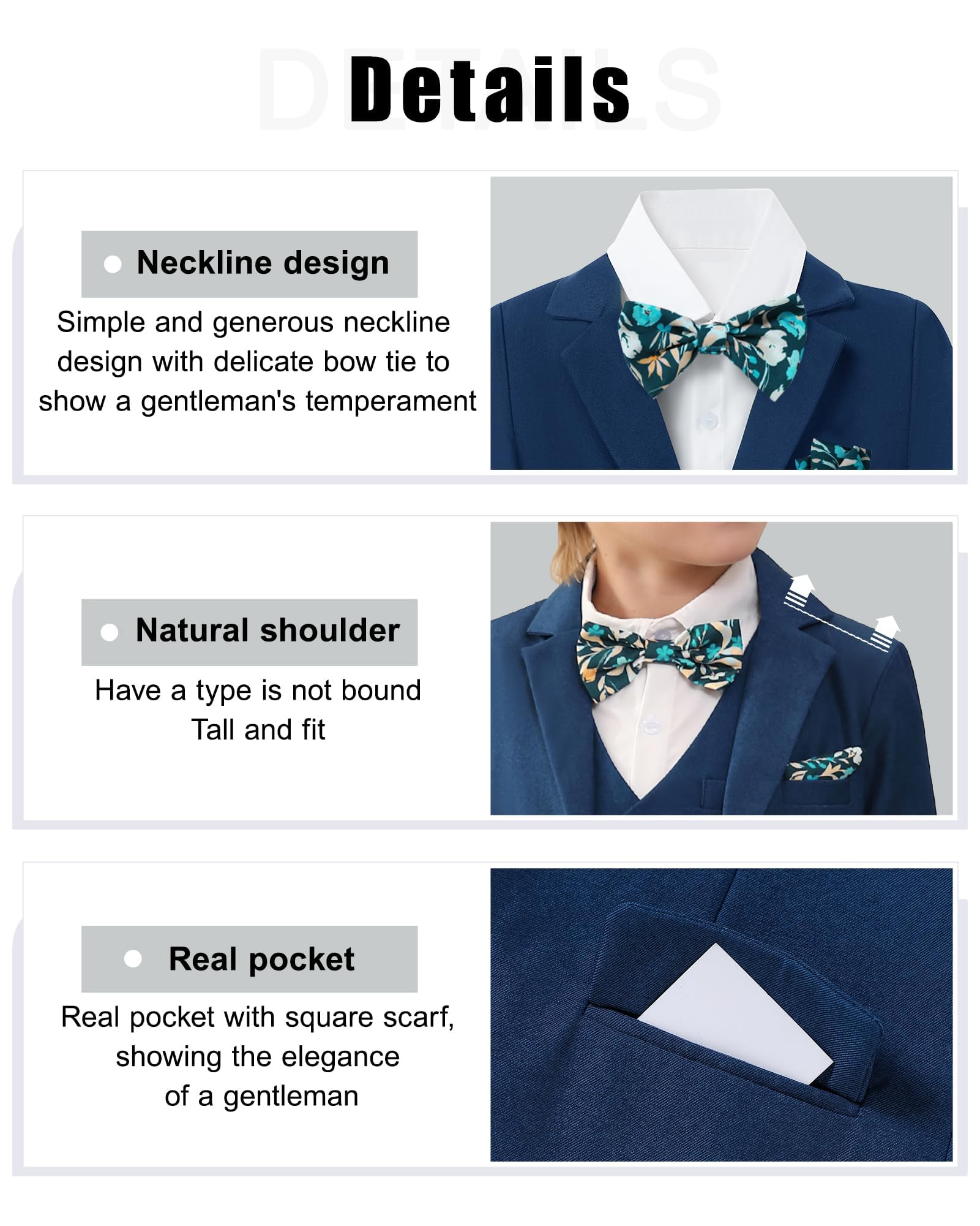 Traje de Niños 5 Piezas Clásico Slim Fit Traje de Boda Conjunto Caballero Esmoquin Chaqueta Abrigo + Chaleco + Blusas + Pajarita + Pantalones Niños Bautizo Traje