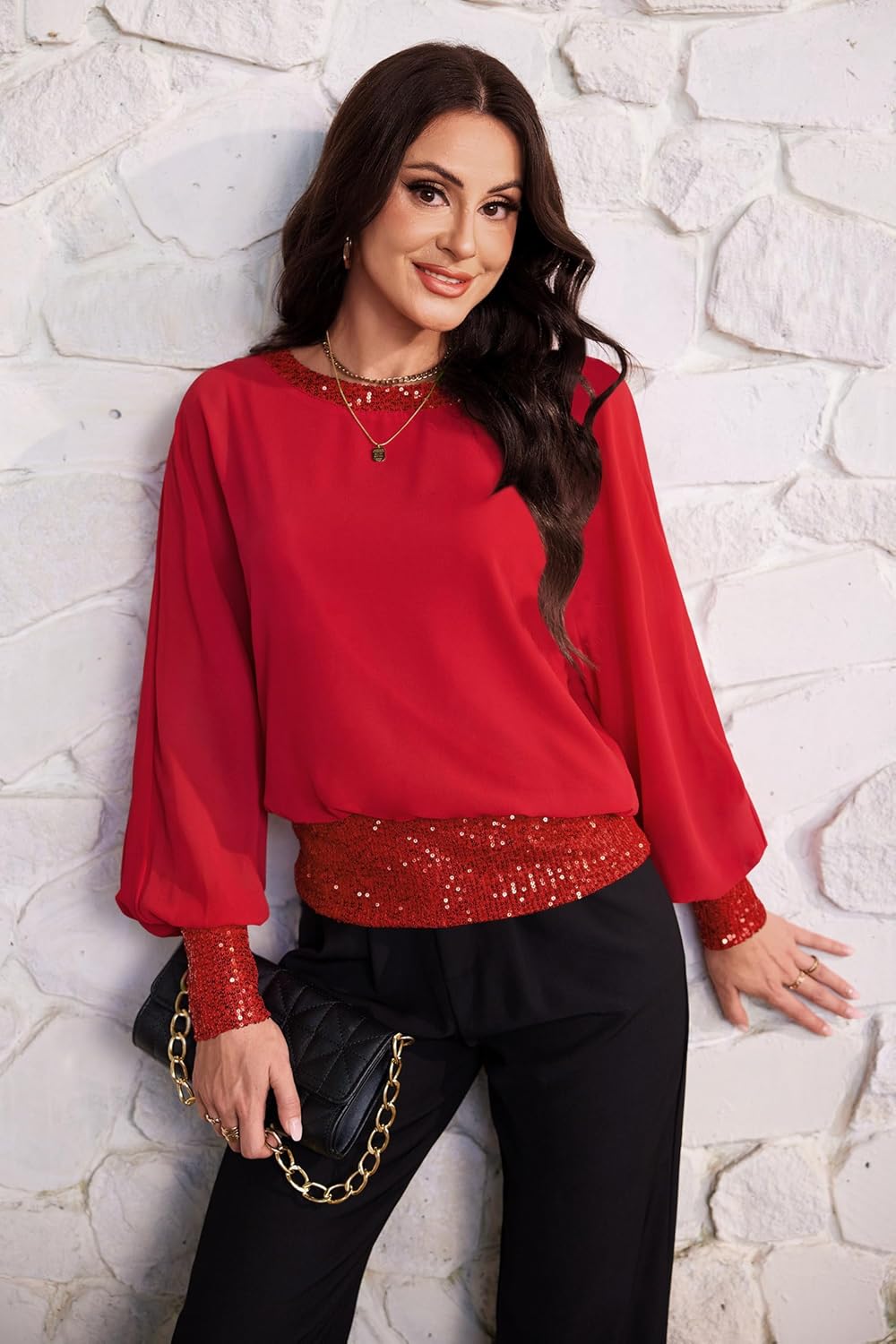 For G and PL Women's Dressy Sequin Formal Top Long Sleeve Chiffon Shirt Blouses - Image 4