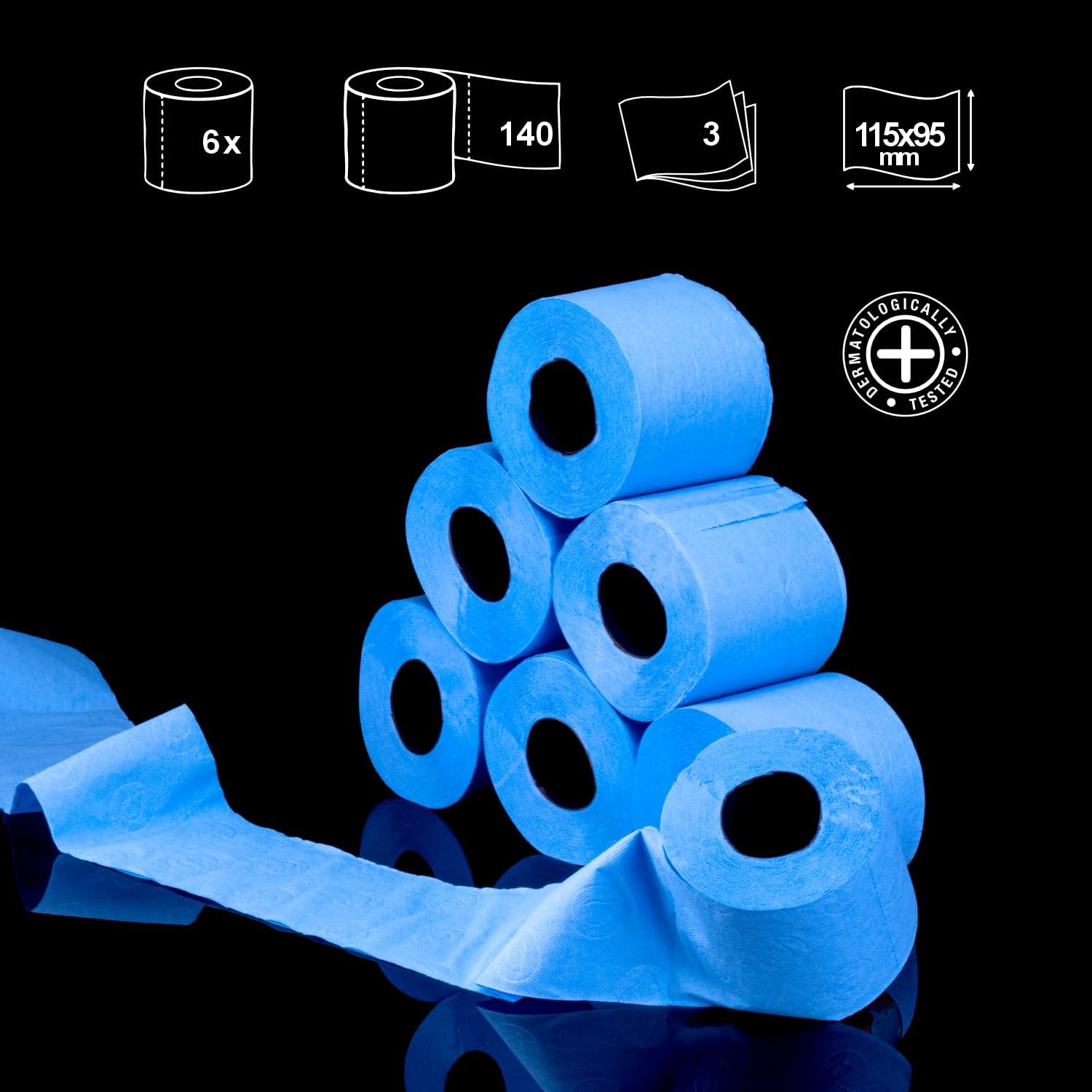 Renova Blue Toilet Paper 3-Ply - Pack of 6 Compact Rolls - 140 Sheets - Eco-Label Certified, Dermatologically Tested, Septic Safe, Sustainable & Soft | Blue colored toilet paper, soft 3-ply bathroom tissue, decorative rolls, party and gifting