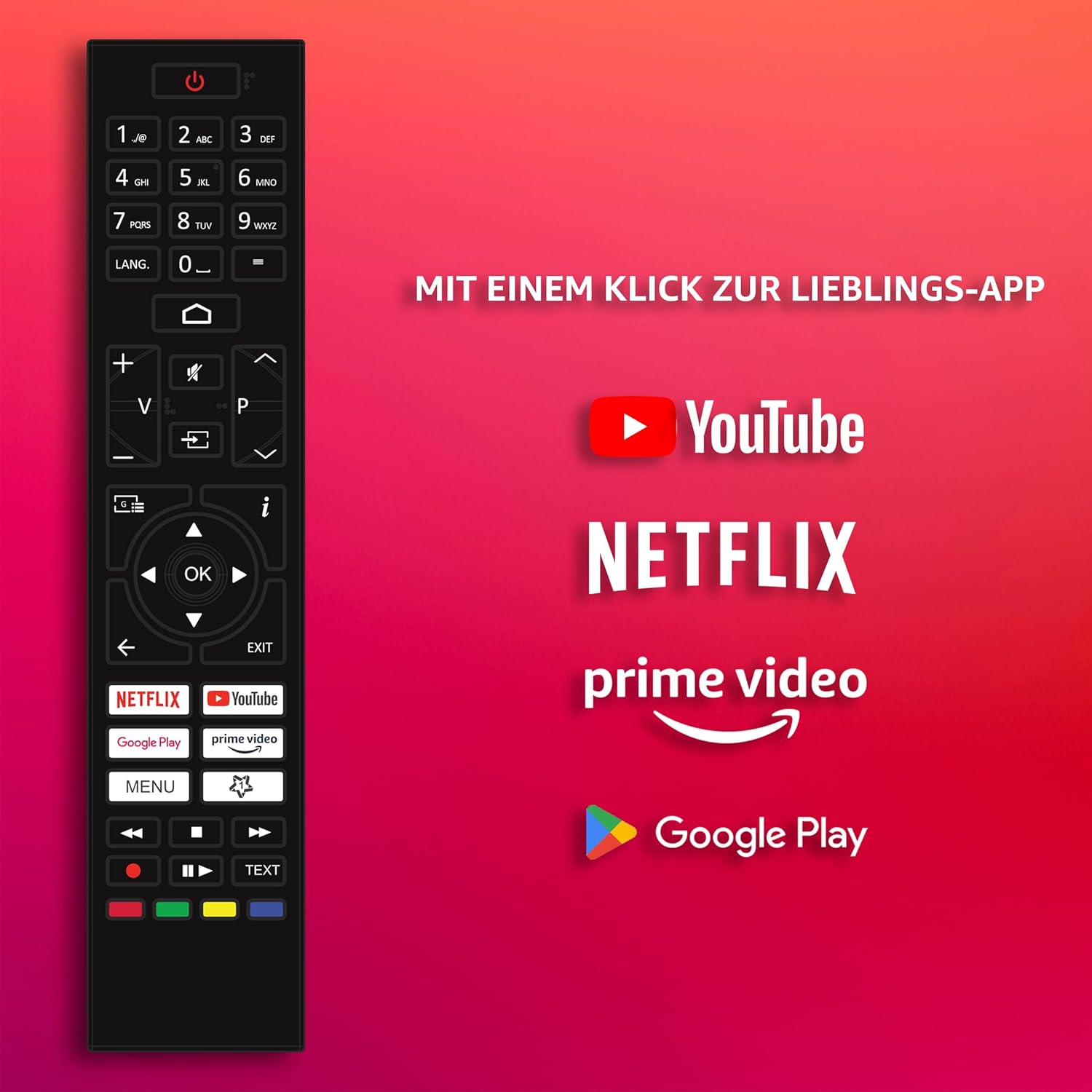 Telefunken Smart TV remote control with quick access buttons for YouTube, Netflix, Prime Video, and Google Play