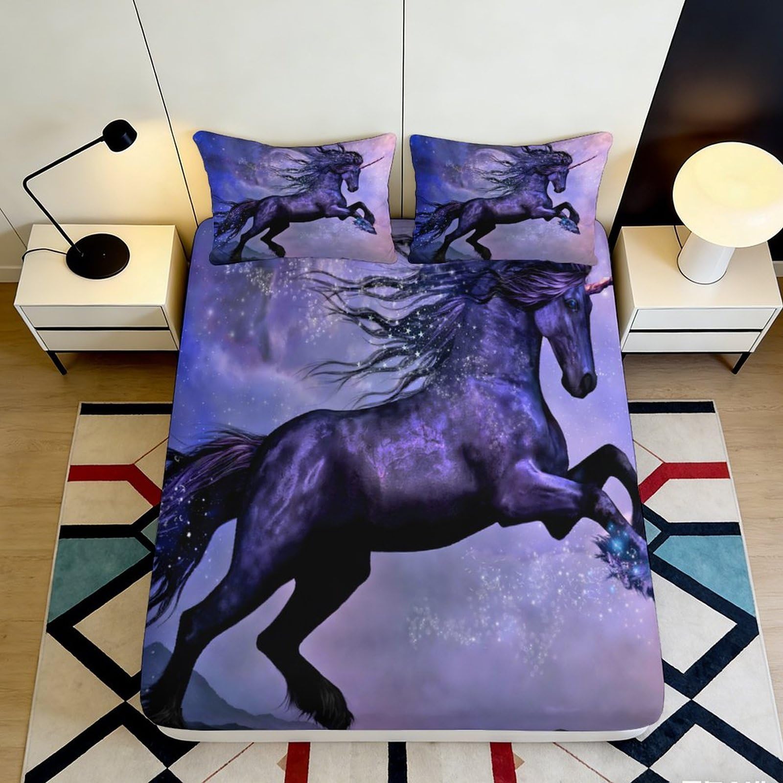 3D Printed Unicorn Fitted Sheet Microfiber Non-Slip Deep Pocket Bedroom Bedding Unicorn Mattress Fitted Cover for Adults 180x200x25cm