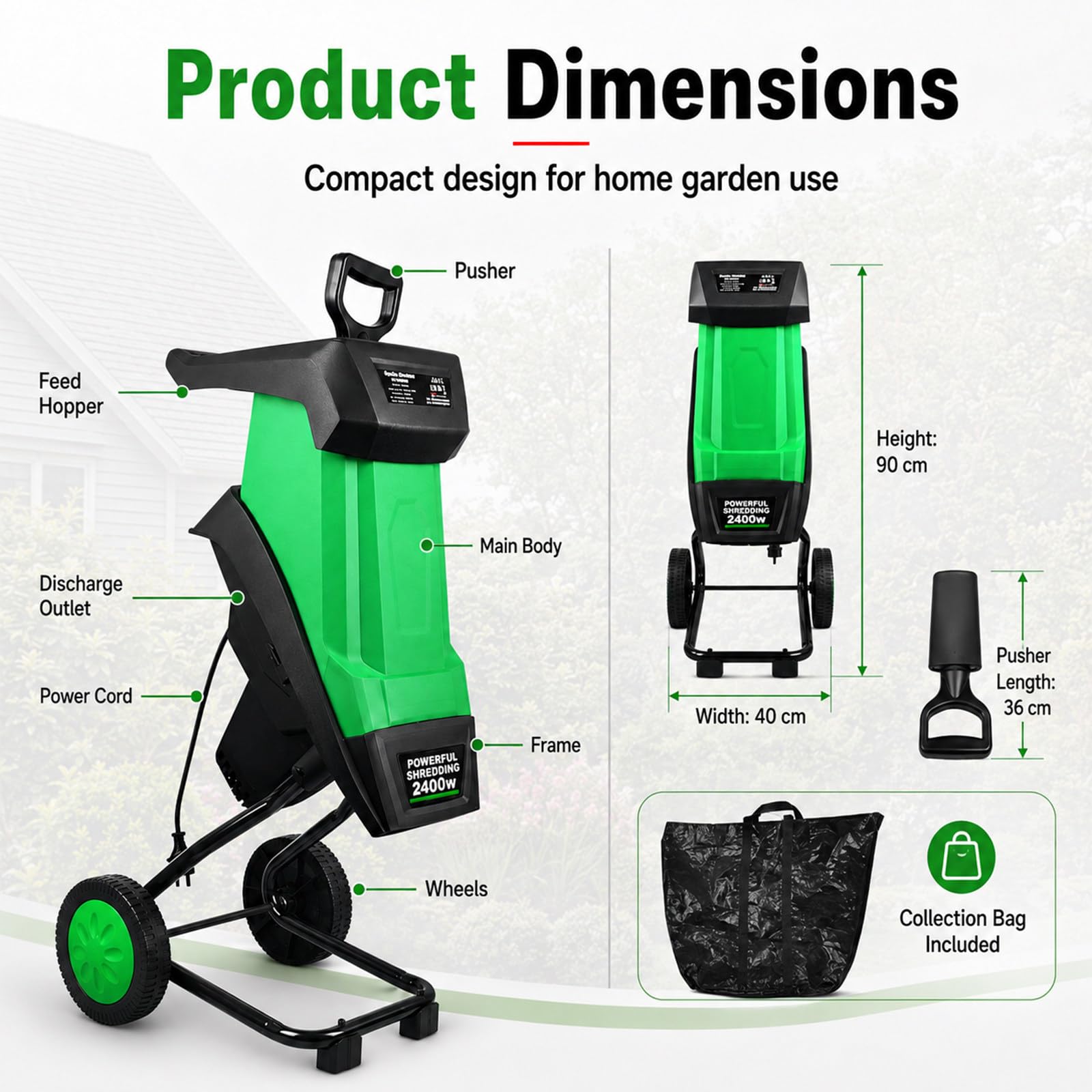 Biotrituradora Eléctrica de Jardín y Madera, Bolsa de Recolección 50 L, Potente Trituradora de Hojas, Capacidad de Corte 40 mm, Motor 4500 RPM, para Hojas, Ramas, Restos y Residuos