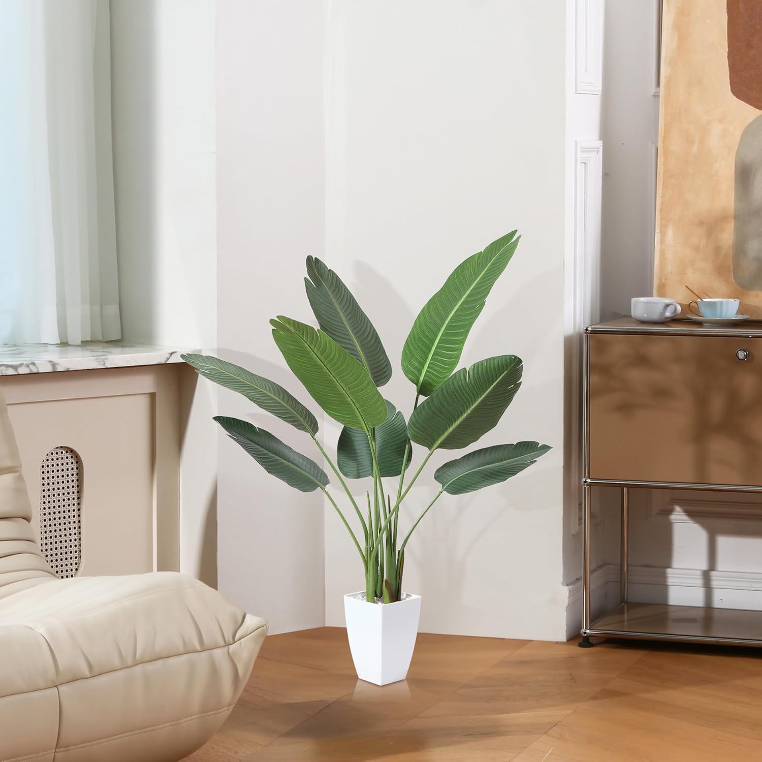 Artificial Bird of Paradise Plant, 4Ft Fake Floor Plants with White Taper Planter, Fake Palm Tree for Indoor Home Decor Office Living Room, Set of 1