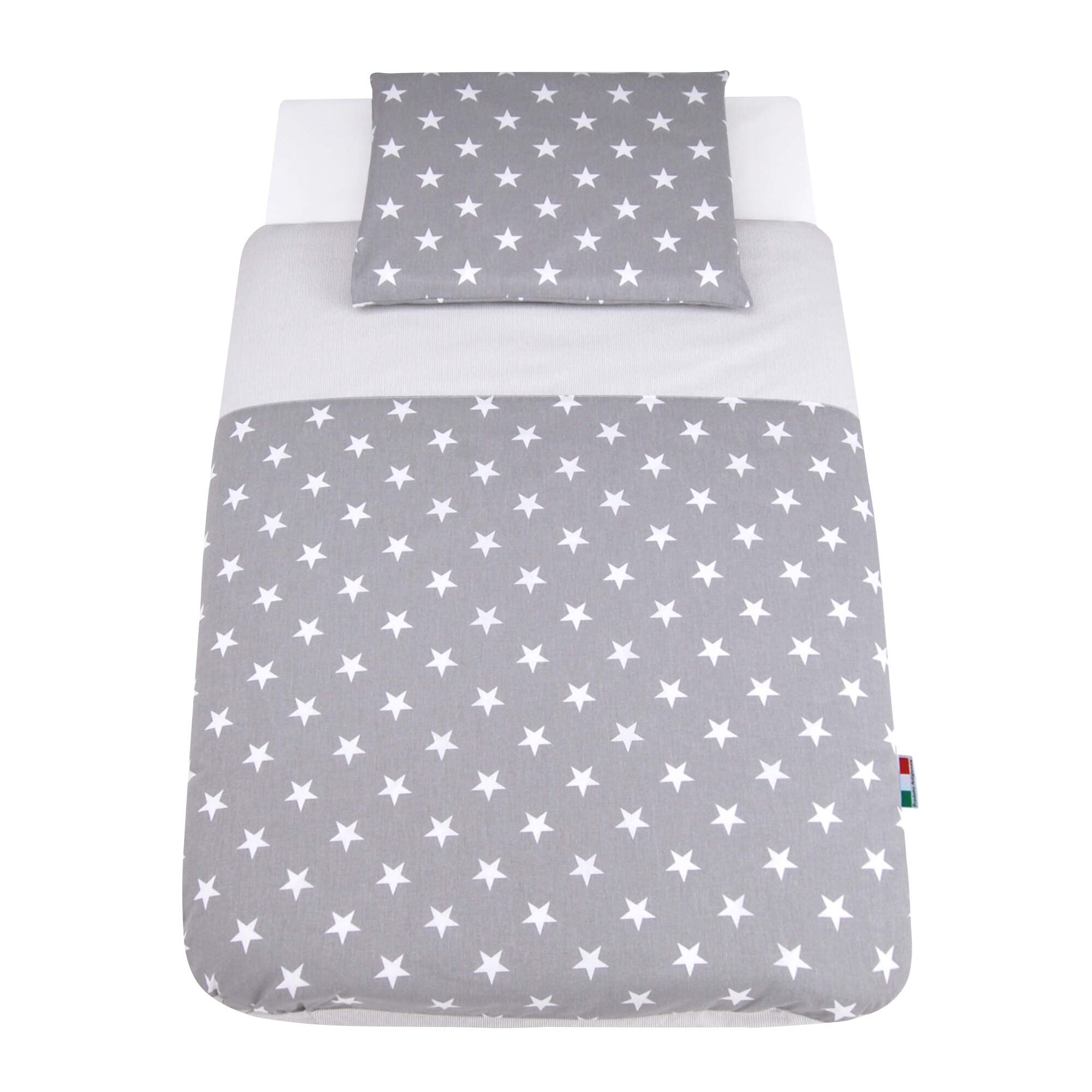 baby idea Next to Me Kompatible Bettlaken 5-teilig: Neugeborenen-Kissen, Kissenbezug, Bettdecke, Bettbezug, Spannbettlaken für Babybett Chicco Kinderkraft Cam Brevi Oeko-TEX (Stella G) Grau Standard
