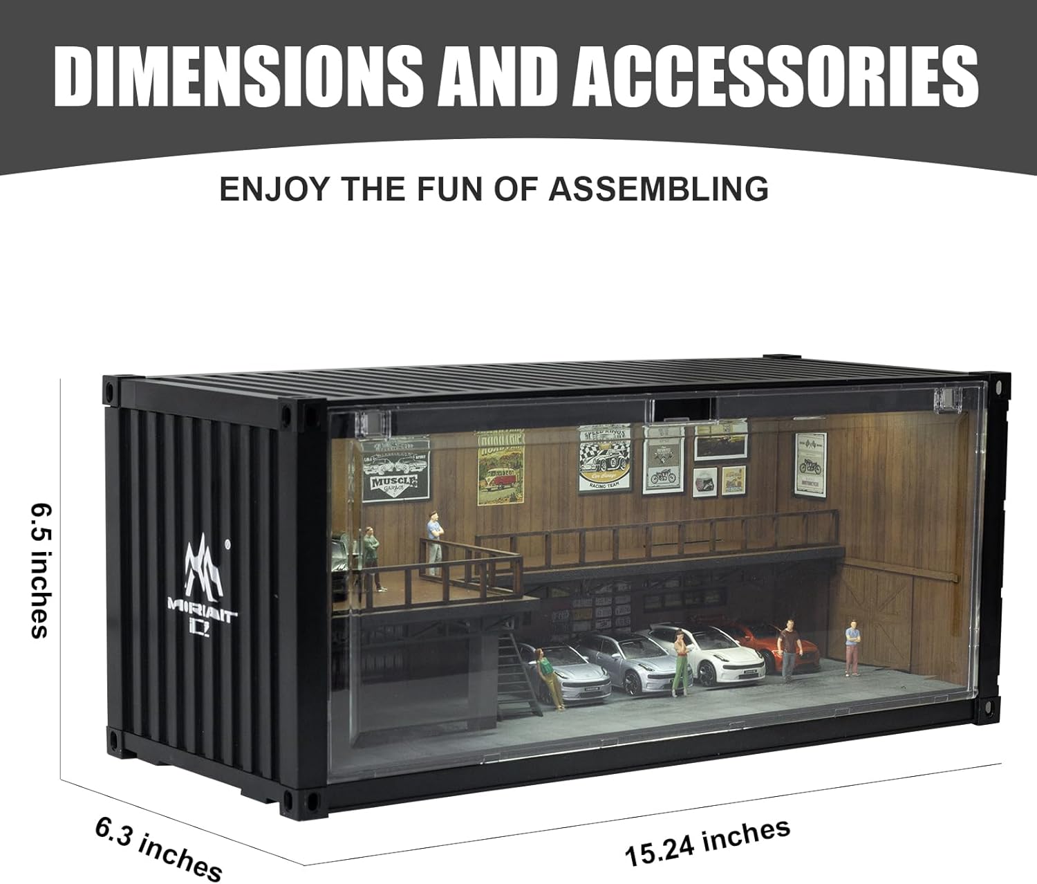 1/64 Scale Retro Container Style Display Case Car Garage Moldel with LED Light and Acrylic Cover Diecast Car Show Case 5 Parking Black