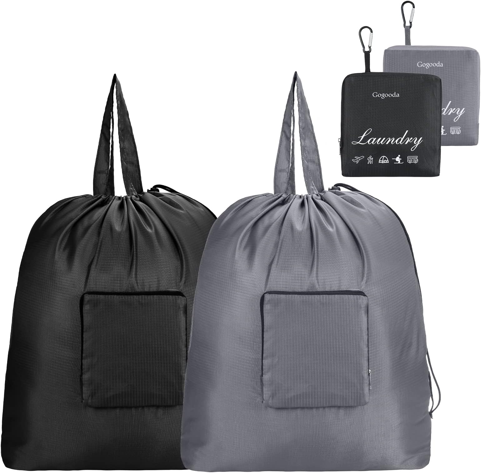 GOGOODA Travel Laundry Bags with Drawstring Closure XL Large Foldable Dirty Clothes bags with Handle Heavy Duty and Washable for College Dorm Travelling Camping, 2 Pack, Black & Grey