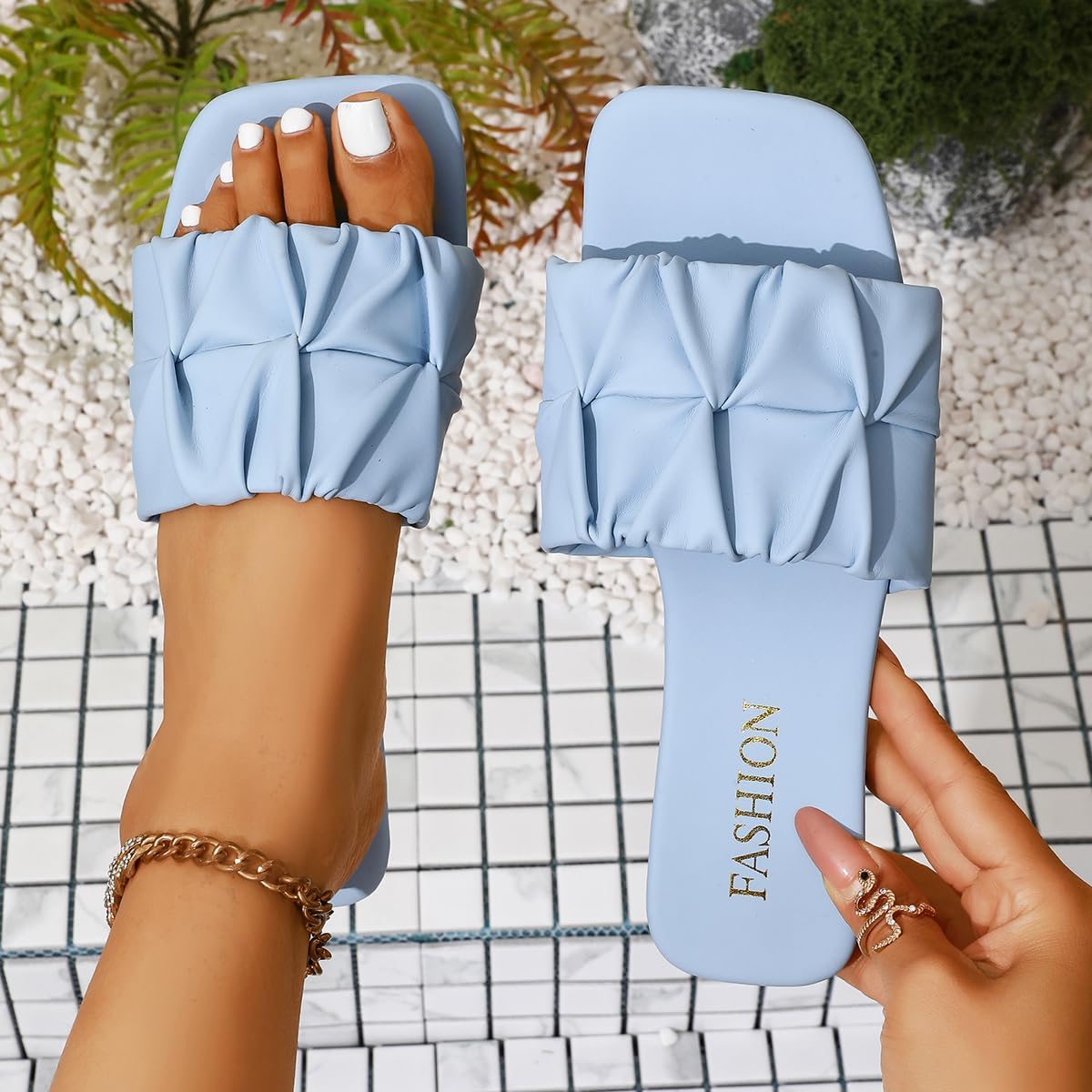 Women's Pleated Square Toe Slide Sandals, Trendy Wedding & Summer Flat Sandals