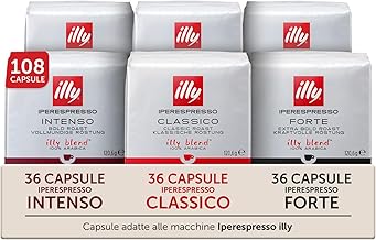 illy, Iperespresso Mix Blend Home Capsules, 2x CLASSICO 2x INTENSO and 2x FORTE, 100% Arabica, Espresso Coffee as in the Bar, 6 Packs of 18 (108 Capsules Total)