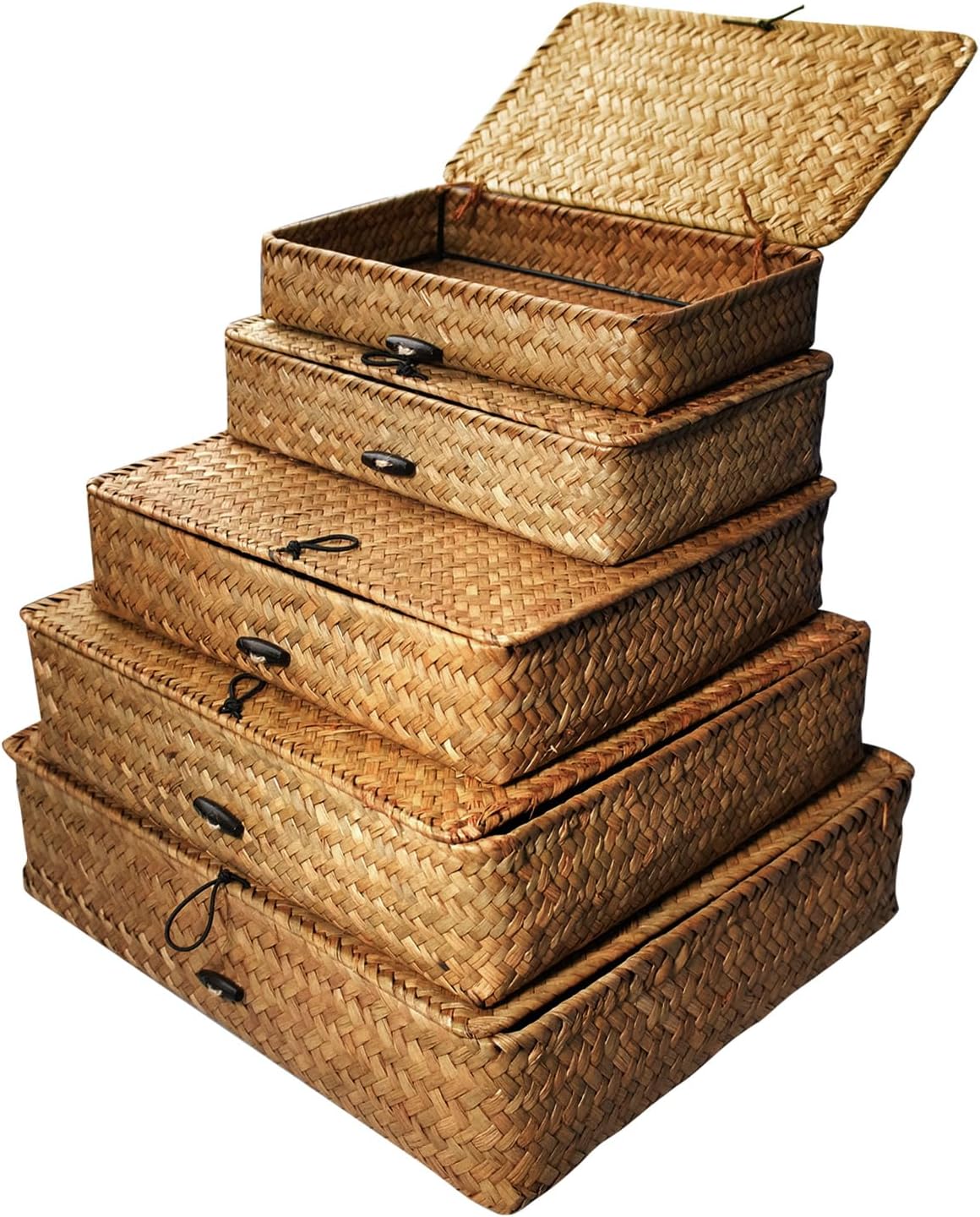 5 Pcs Seagrass Basket with Lid 5 Sizes Decorative Storage Boxes Rattan Wicker Storage Basket with Lids Woven Organizer Baskets Multipurpose Flat Storage Bins for Shelf Closet Bedroom (Brown)