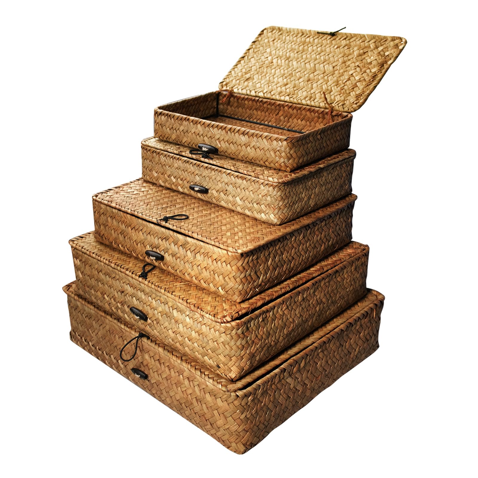 SENONAPO 5 Pcs Seagrass Basket with Lid 5 Sizes Decorative Storage Boxes Rattan Wicker Storage Basket with Lids Woven Organizer Baskets Multipurpose Flat Storage Bins for Shelf Closet Bedroom (Brown)