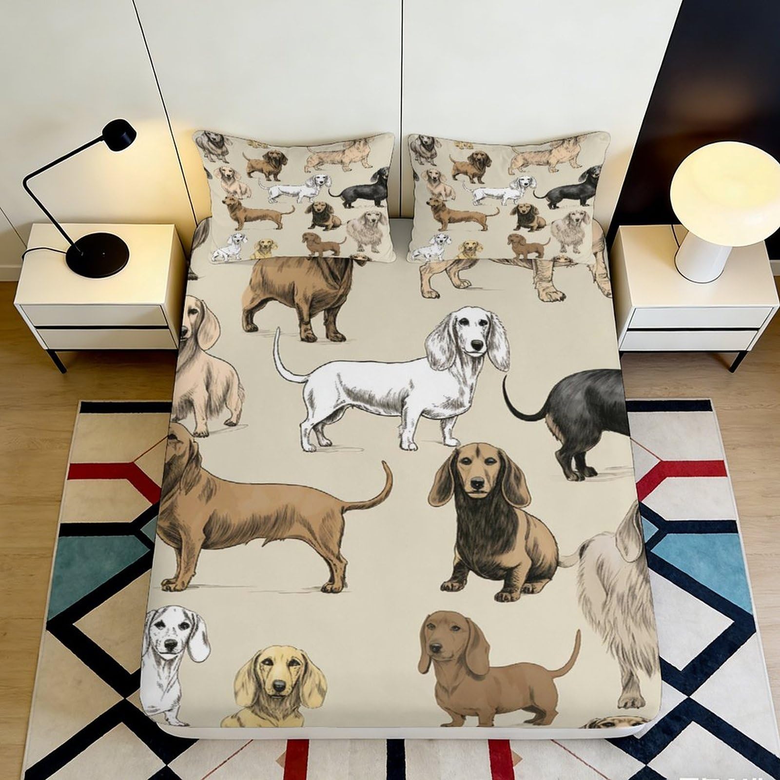 3D Printed Cartoon Dachshund Dogs Fitted Sheet Microfiber Bedroom Decor Animal Bed Cover for Home Guest Room 90x200x25cm