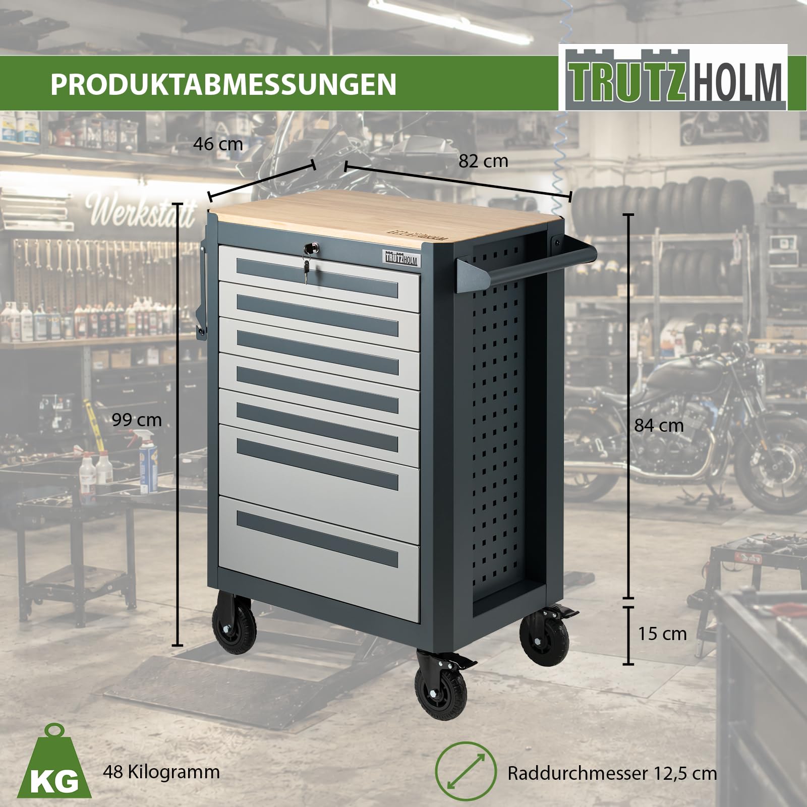 TRUTZHOLM Werkstattwagen 99x82 cm Werkzeugwagen leer mit 7 Schubladen, Holzarbeitsplatte, rollbar, Werkzeugschrank mit Rollen, Papierrollenhalter, Steckfach, Anthrazit Grau