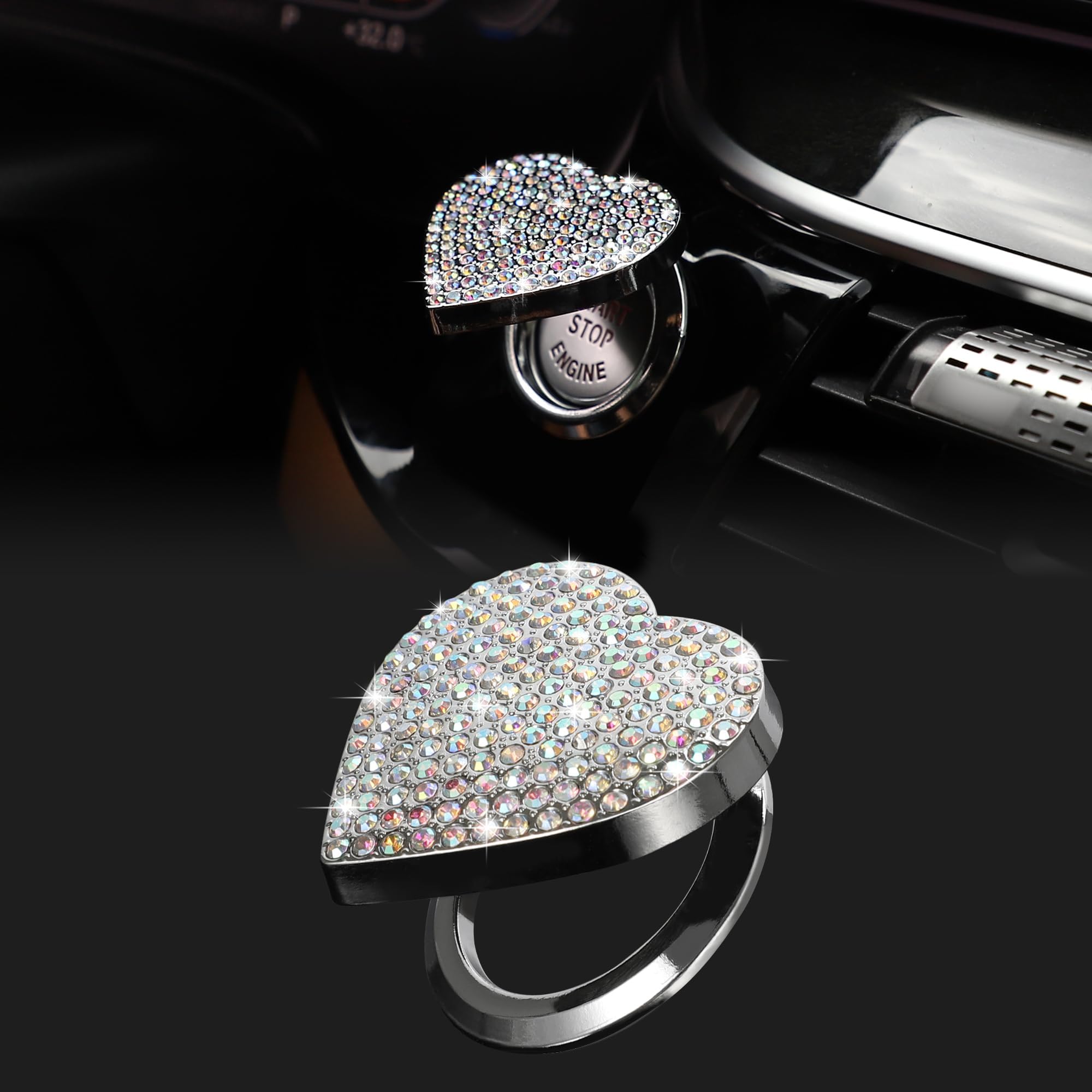 TOMALLBling Car Engine Start Button Cover Diamond Interior Crystal Push Start Button Ring Sticker Sparkly Accessories Heart Bling Ignition Button Rhinestone Emblem Decal Universal for Car (Colorful)