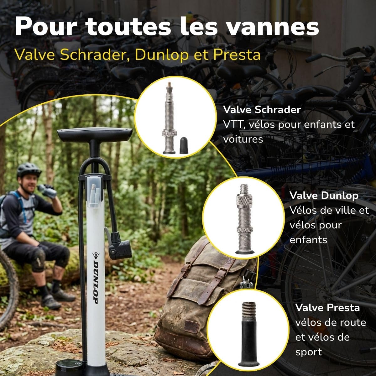 Dunlop Pompe à vélo numérique - Pompe à vélo avec manomètre numérique - pour Valve Schrader Presta Dunlop - 120 PSI 8,3 Bar - avec Adaptateur et Aiguille à Ballon