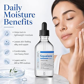 Squalane Oil 100% Pure for Face Skin Hair Body Moisturizer Organic Olive Derived Vegan Non-Comedogenic Skincare Emollient Reduces Fine Lines & Firms Enhances Skin Elasticity made in the USA (2 fl oz)