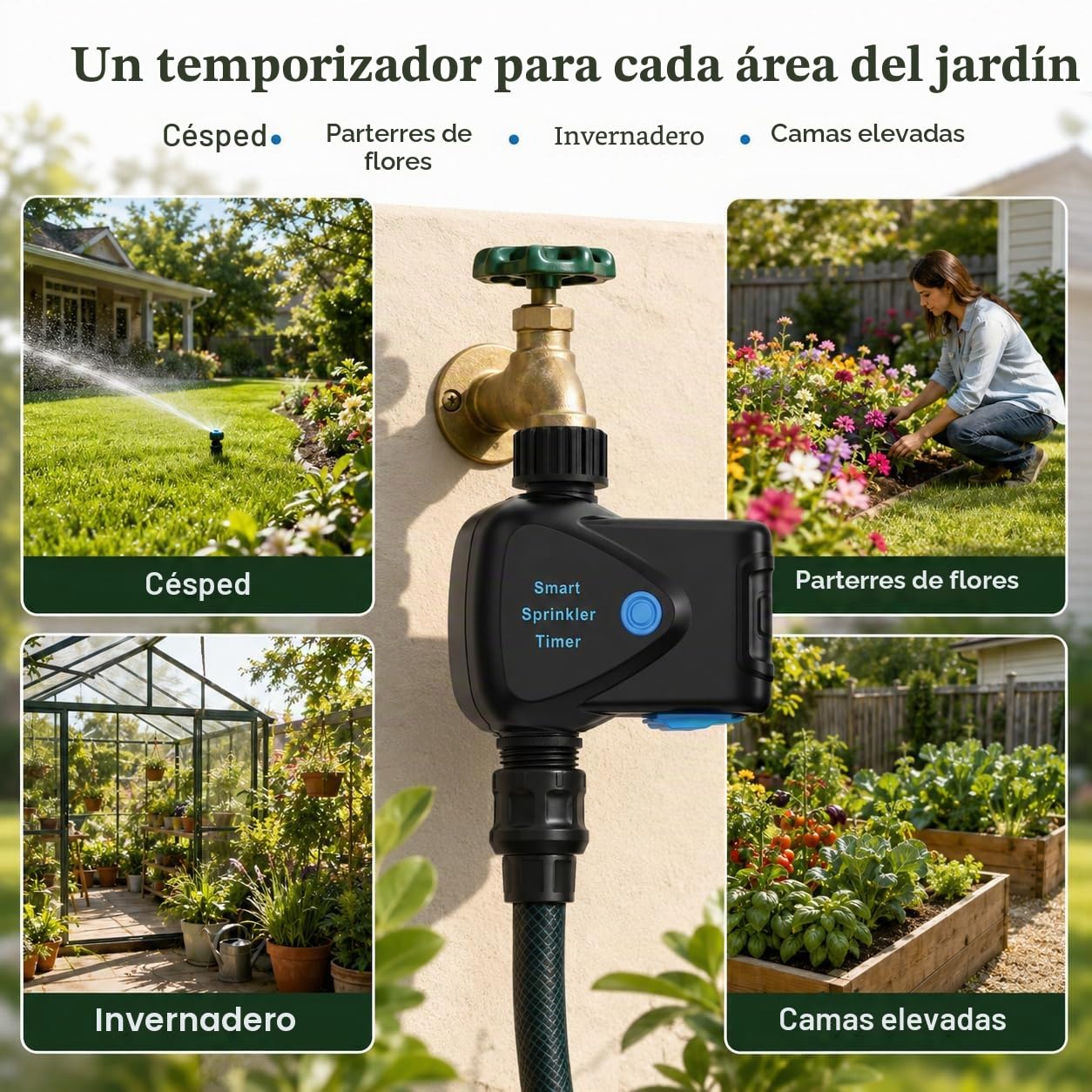 Temporizador de Riego WiFi con Medidor de Agua Integrado, Programador de Riego Inteligente sin Hub, Control por App 2,4 GHz, Riego por Volumen, Programación, IP65 para Jardín Césped Invernadero