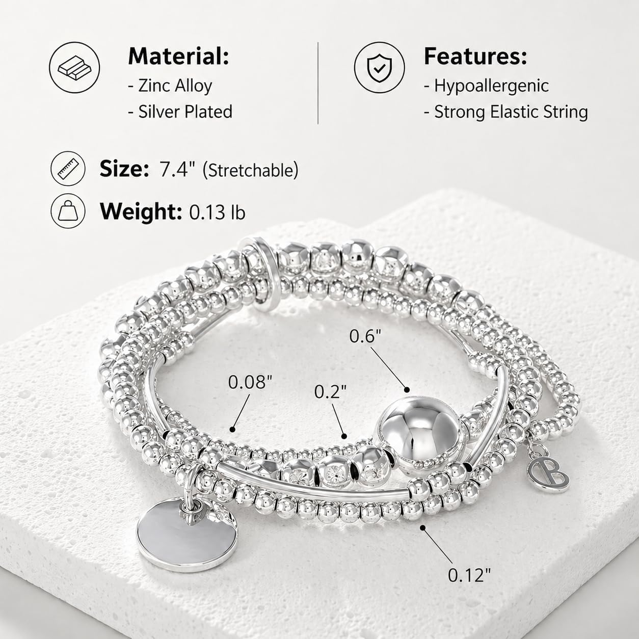 COBI Sterling Silver Plated Beaded Bracelets for Women, Gold Tone Bracelet Stack 4 Layer with Disc & Ball Charms, Stretch Bracelets Trendy Statement Jewelry 7.4 Inches