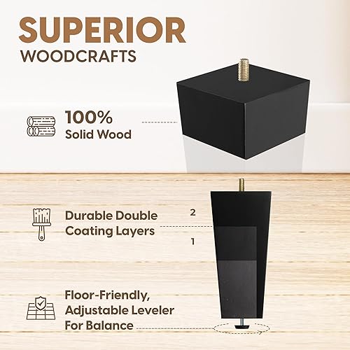 Miniatura 4 de Yes4All Juego de 4 patas cuadradas de madera maciza color negro de 6 pulgadas, patas de muebles resistentes de capacidad de 800 libras con